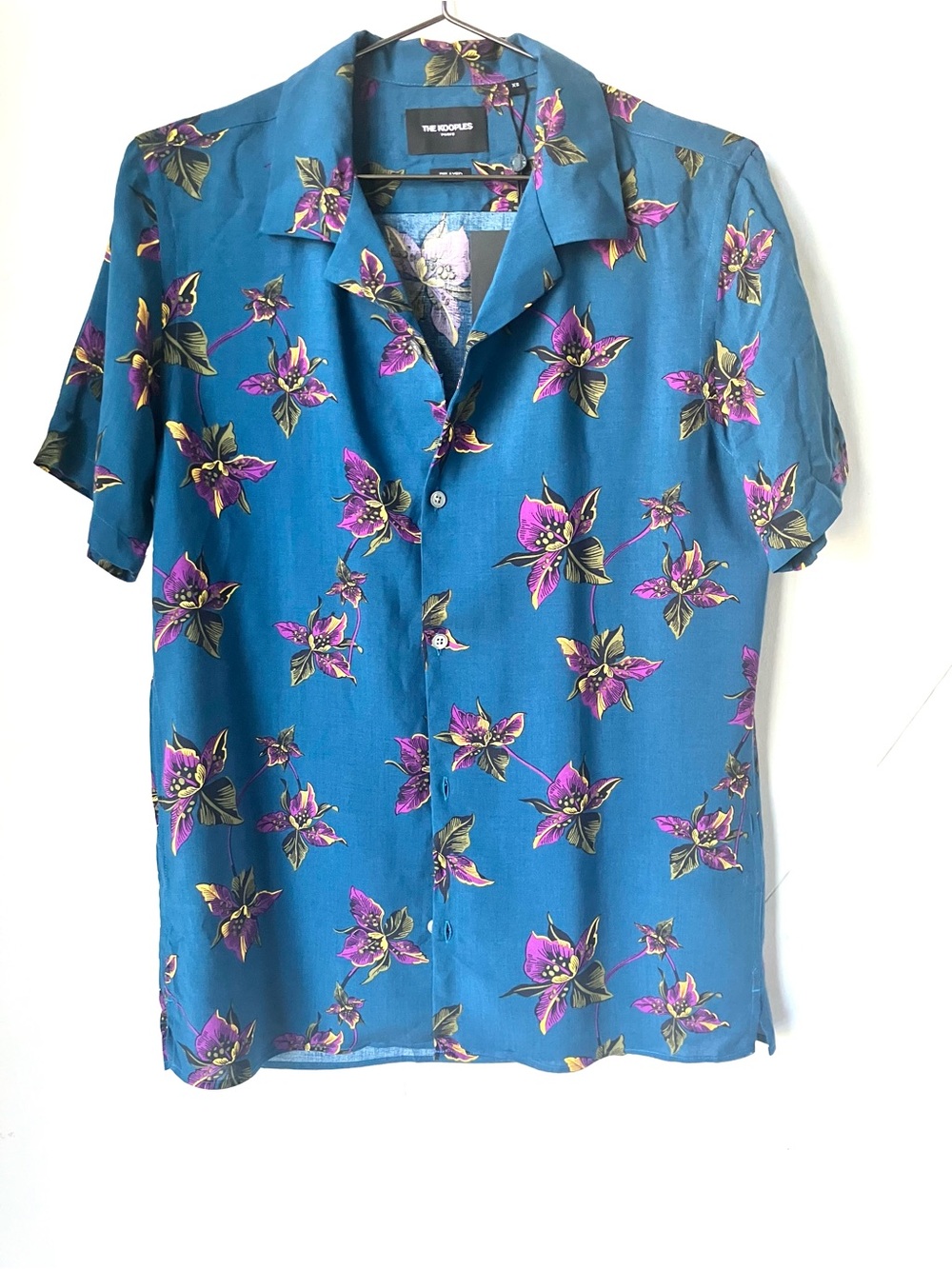 The Kooples XS relaxed Teal Short Sleeve Button-Down Shirt with Purple Accents